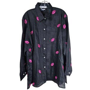 Artsy Black Linen Button Up Shirt Plus Size 2X Embroidered Pink Lips Eclectic